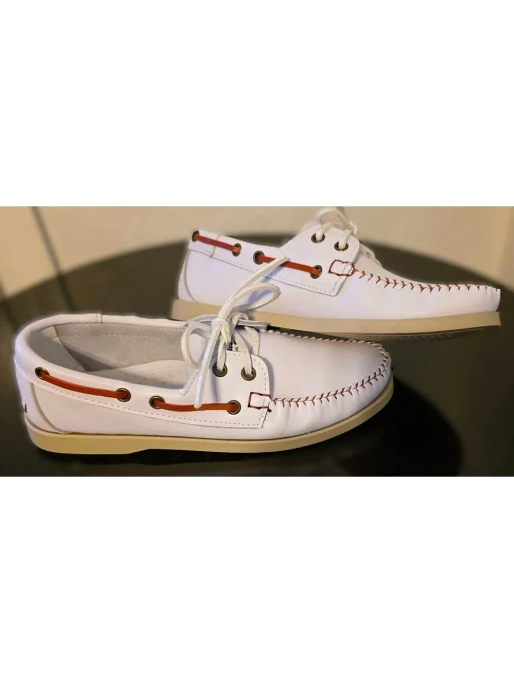 Baseball Lifestyle 101 White Leather Boat Shoes Men 7 Women 8.5 Red Stitching